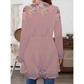 Plus Size - Plus Size, Plus Size Women'S Elegant Floral Print Cardigan - Lightweight Breathable Stretchy Long Sleeve Open Front Sweater with Pastel Pink & Multicolor Floral Design, Spring/Autumn Casual Outerwear for Women