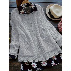 Plus Size, Plus Size Women's Casual Open Front Sweater, Long Sleeve with Pocket and Buttoned Scallop Hem