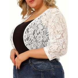 Plus Size Kimono Women Cardigan - Sheer Floral Pattern, 3/4 Sleeve, Open Front Shawl, Casual Spring/Summer Wear, Black, Elegant Event Wear, Short Length, Slight Stretch Fabric, No Lining