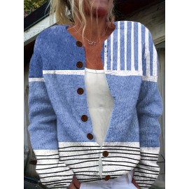 Women'S Lightweight 3D Full Stripe Cardigan Sweater, 100% Polyester Button Crewneck Knit Sweater, Four Seasons Casual Fashion Outerwear