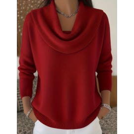 Christmas Green Elegant Long Sleeve Cowl Neck Sweater - Solid Color Minimalist Top, Women'S Winter Warm Pullover