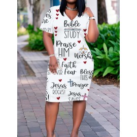 Plus Size Women's Christian Faith Dress - V-Neck Short Sleeve Church Dress with Verse Prints, Casual Loose Fit Short for Worship, Wedding Guest & Casual Attire (No Padding/)