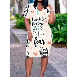Plus Size Women's Christian Faith Dress - V-Neck Short Sleeve Church Dress with Verse Prints, Casual Loose Fit Short for Worship, Wedding Guest & Casual Attire (No Padding/)