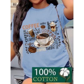 Women's 100% Coffee Lover's T-Shirt - Funny Coffee Cup & Beans Print with Cappuccino, Latte, Mocha, Espresso & Turkish Coffee Design - Casual Loose Fit Short Sleeve Round Neck Green & White Coffee-Themed Apparel for Casual Attire & Coffee Lovers Gift