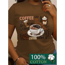 Women's 100% Coffee Lover's T-Shirt - Funny Coffee Cup & Beans Print with Cappuccino, Latte, Mocha, Espresso & Turkish Coffee Design - Casual Loose Fit Short Sleeve Round Neck Green & White Coffee-Themed Apparel for Casual Attire & Coffee Lovers Gift