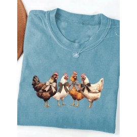 Women's Turquoise Blue Short Sleeve T-Shirt - Soft Pure Round Neck Top with Chicken Print (Hens & Bow Tie Design) - Casual & Party Wear for Spring Summer Fall - Comfortable Colors Everyday Blouse