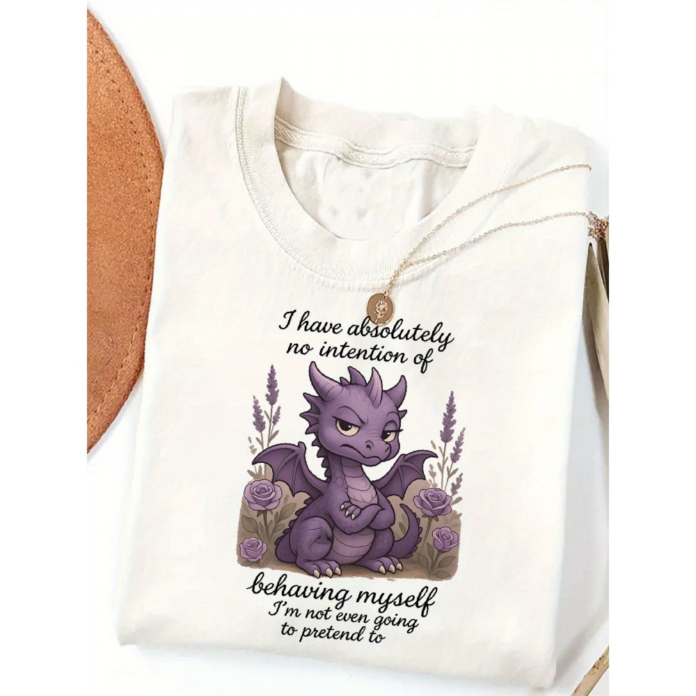 Women's Casual Short Sleeve Round Neck T-Shirt - 100% Breathable Geometric Print Tee with Purple Dragon & Floral Design, 