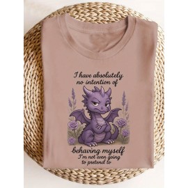 Women's Casual Short Sleeve Round Neck T-Shirt - 100% Breathable Geometric Print Tee with Purple Dragon & Floral Design, 