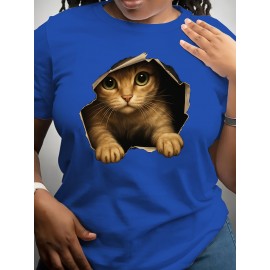 [Cute Orange Kitten T-Shirt] Lightweight Comfortable Fit Women's Cute Orange Kitten Peeking from Torn Hole Graphic T-Shirt - Red Casual Everyday Tee for Pet Lovers - Medium Elasticity Fabric Spring Summer Apparel
