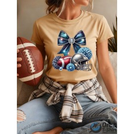 Local delivery - One piece Women's printed T-shirt -100% casual round neck short sleeved top with rugby elements, breathable and comfortable, suitable for match days, parties and daily wear, machine washable, all season casual clothing - perfect for