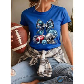 Local delivery - One piece Women's printed T-shirt -100% casual round neck short sleeved top with rugby elements, breathable and comfortable, suitable for match days, parties and daily wear, machine washable, all season casual clothing - perfect for