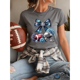 Local delivery - One piece Women's printed T-shirt -100% casual round neck short sleeved top with rugby elements, breathable and comfortable, suitable for match days, parties and daily wear, machine washable, all season casual clothing - perfect for