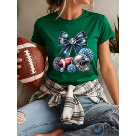 Local delivery - One piece Women's printed T-shirt -100% casual round neck short sleeved top with rugby elements, breathable and comfortable, suitable for match days, parties and daily wear, machine washable, all season casual clothing - perfect for