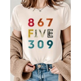 [Vibrant Graphic Tee] Vibrant Purple Women's Casual Short-Sleeve T-Shirt with Bold 867 FIVE 309 Graphic Print | Round Neck Top, Sporty Comfort Fit, Machine Washable Spring Summer Tee, Ladies T Shirts, Casual Attire, Soft Fabric