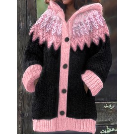 Plus Size, 2D FLAT PATTERN Soft Jacquard Glacier Snow Mountain Hooded Cardigan, Elegant, Fashionable, Comfortable, Casual And Retro Hooded Coat