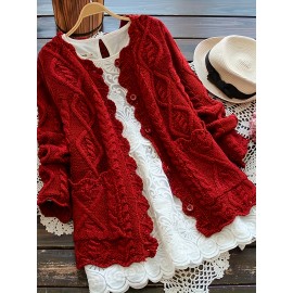 Plus Size, Plus Size Women's Casual Open Front Sweater, Long Sleeve with Pocket and Buttoned Scallop Hem